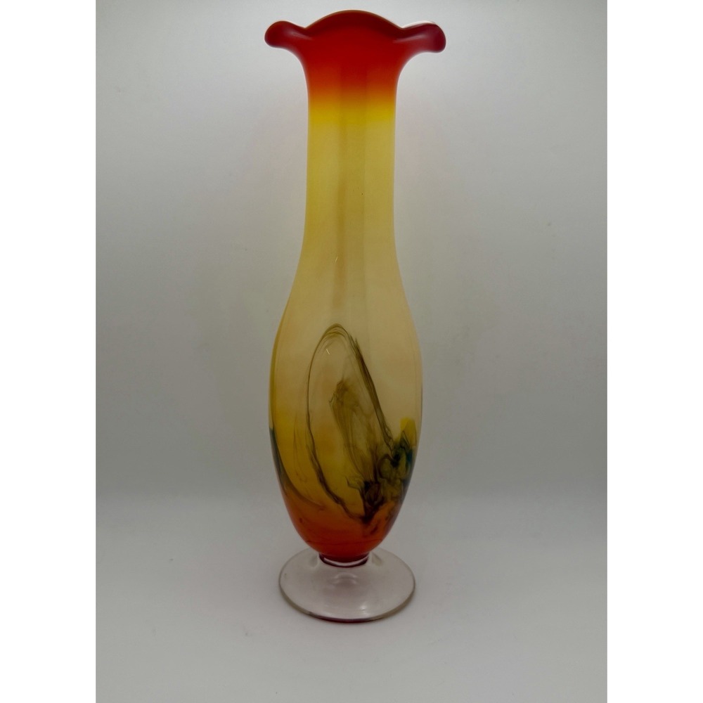 Vintage Dalian Art Glass Snowflake Vase Red Yellow Swirl Ruffled Rim 9" MCM